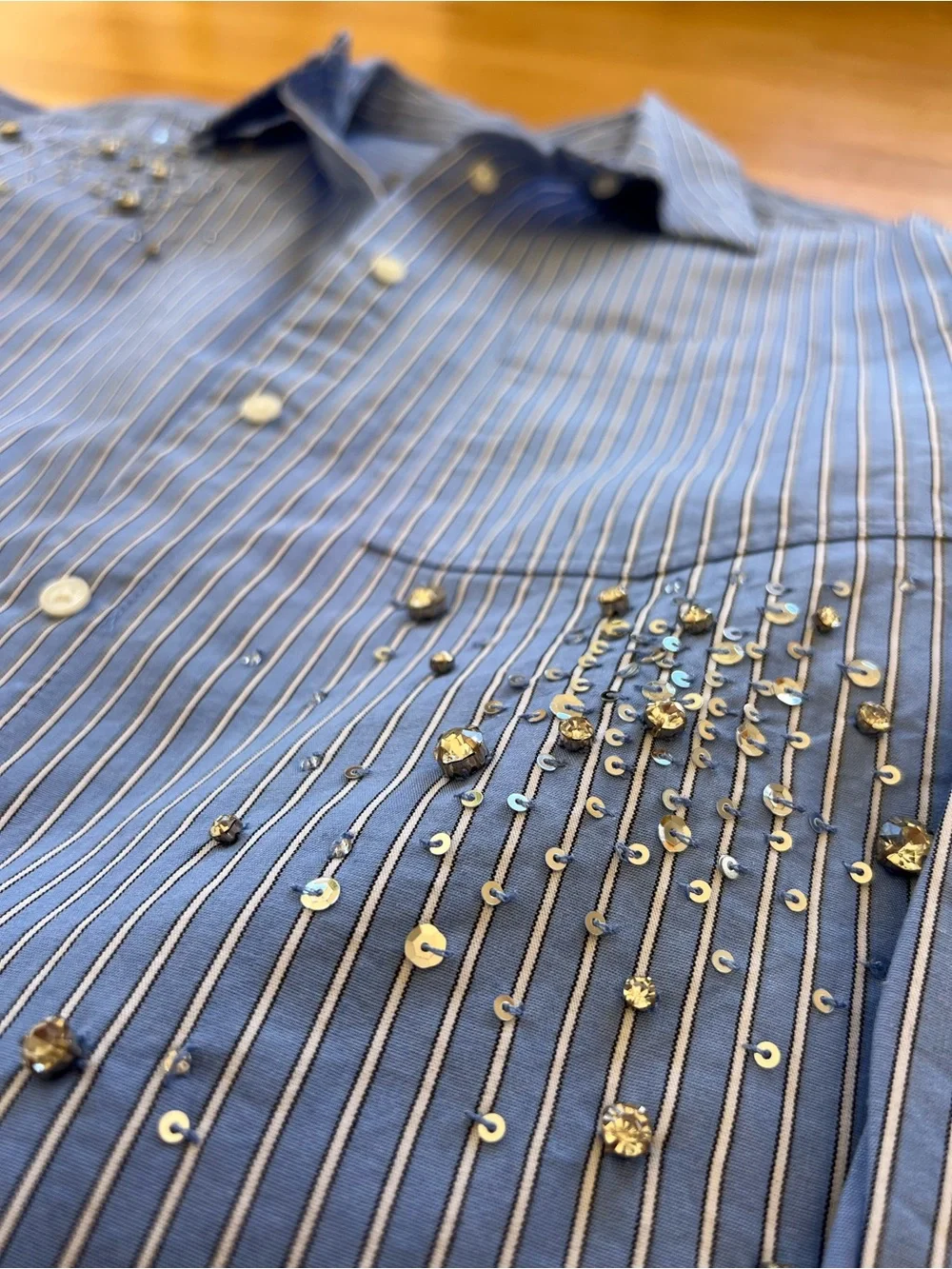 J. Crew Blue and White Pinstripe Embellished Button-Down Shirt